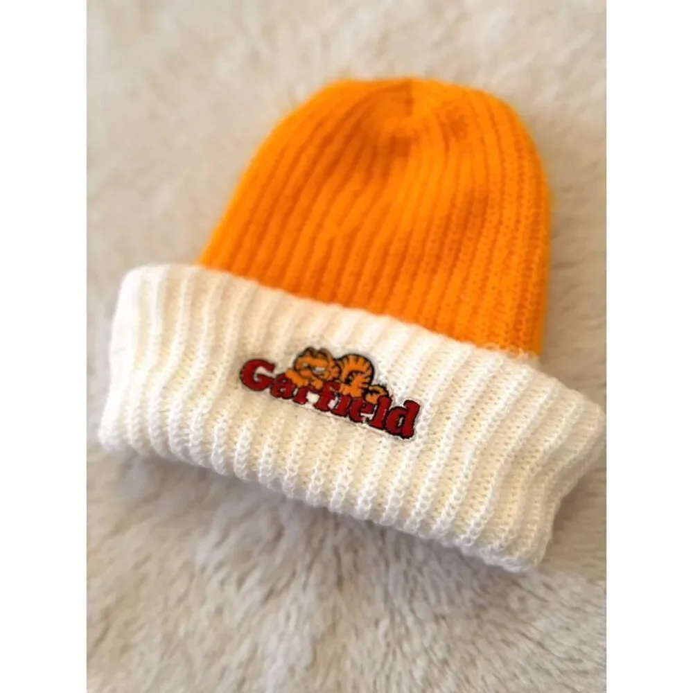 Vintage 1970s Orlon Garfield Stitched Chunky Knit Beanie Hat OS